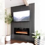 A modern living room features a black shiplap accent wall with a mounted TV above an electric fireplace. Plants and a woven basket sit on the wooden floor, adding to the contemporary decor.