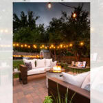 Cozy backyard patio at dusk with string lights overhead, outdoor sofas, fire pit table, and potted plants, creating an inviting space for a s’mores bar. Text overlay reads, "The Best Backyard S’mores Bar With Printable Menu.