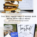 A stacked s'mores tower with cookies, chocolate, and marshmallow, a variety of chocolate bars and treats in a jar, and a "Toasted!" s'mores sign for a backyard s'mores bar setup.