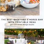 Outdoor s’mores bar setup with jars of cookies, chocolate, marshmallows, roasting sticks, and snacks on a table. Below, a cozy backyard patio with string lights, fire pit, chairs, and a sectional sofa.