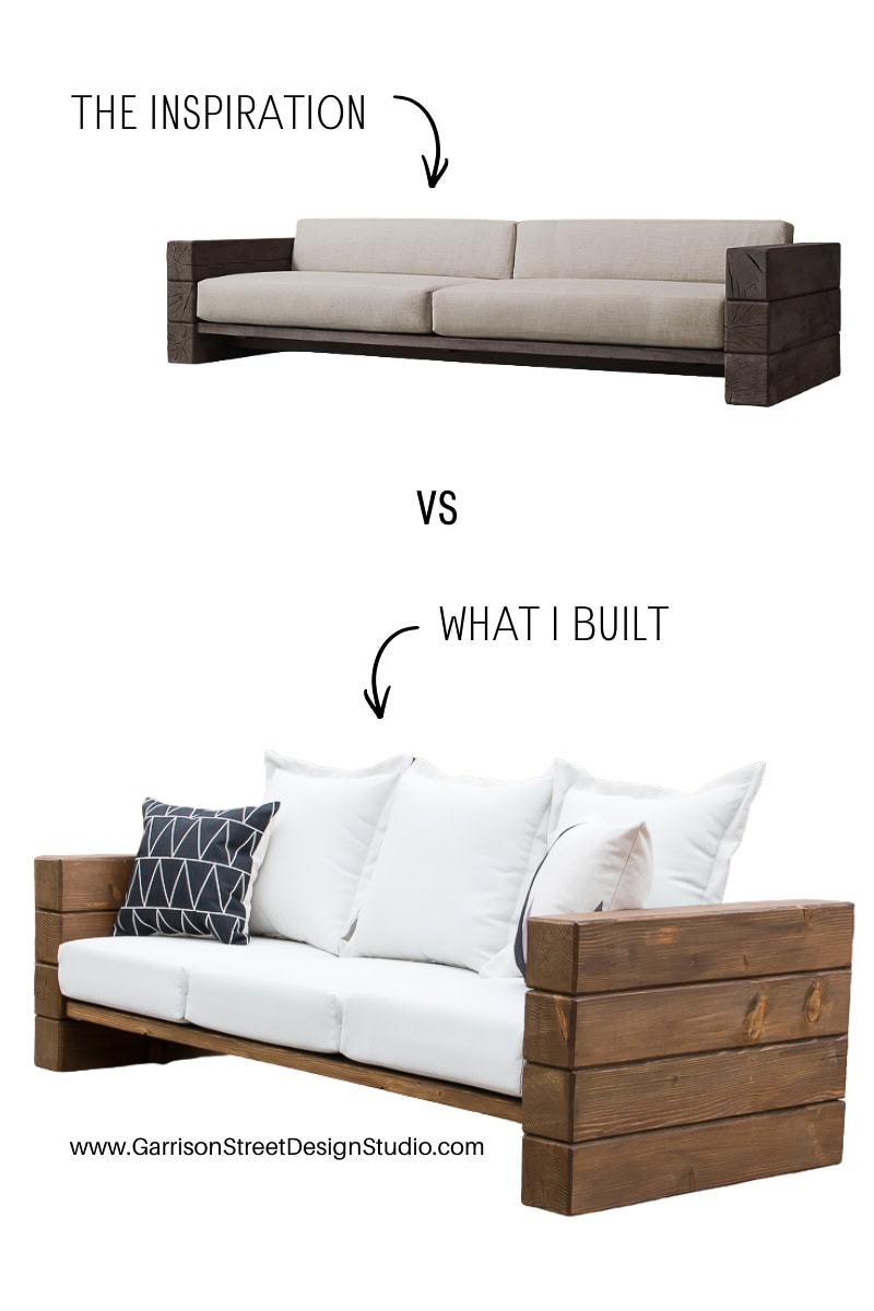 A comparison of two wooden sofas: the top is the inspiration with a beige cushion, and the bottom is a homemade version with white cushions and a decorative pillow. Text labels each sofa and the website is shown below.