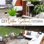 Collage showing a modern outdoor sectional sofa with white cushions and patterned pillows, surrounded by potted plants. Bottom image highlights patio setup with a fire pit, rug, and Adirondack chairs on a brick patio.