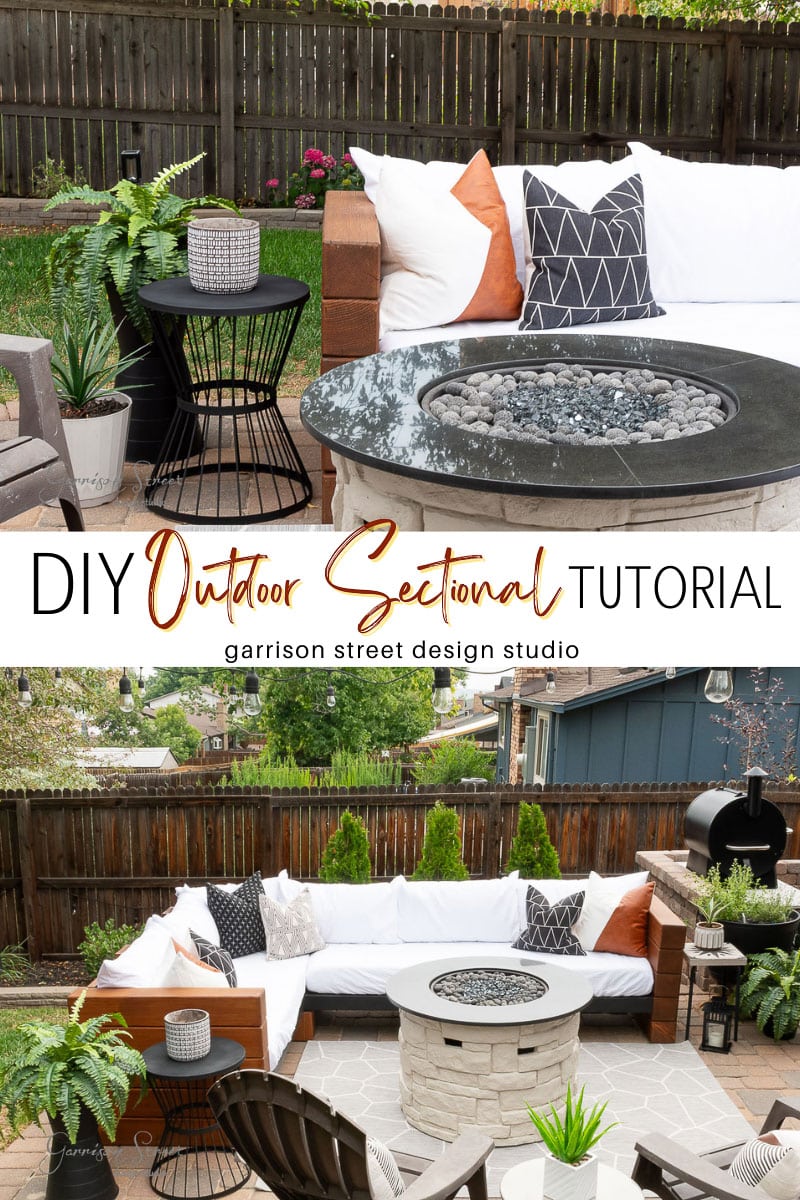 A cozy outdoor patio features a white sectional sofa with brown and black throw pillows, a round fire pit, potted plants, and a wooden fence in the background. Text overlay reads “DIY Outdoor Sectional Tutorial.”