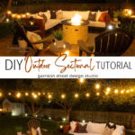 Cozy backyard setup with a circular stone fire pit, white sectional sofa, pillows, string lights, and wooden chairs at night. Text overlay says “DIY Outdoor Sectional Tutorial, garrison street design studio.”.