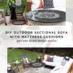Outdoor patio with a white sectional sofa, mattress cushions, a round fire pit table, Adirondack chairs, potted plants, and a gray outdoor rug on a stone patio in a fenced backyard.