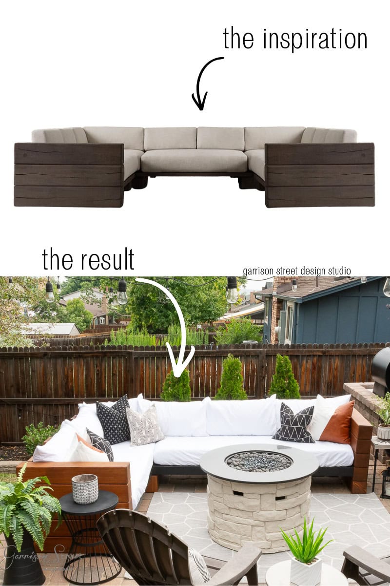 Top: a brown wood and beige cushioned outdoor sofa. Bottom: a similar DIY sofa in a backyard, styled with cushions and a fire pit. Text points to each: “the inspiration” and “the result.”