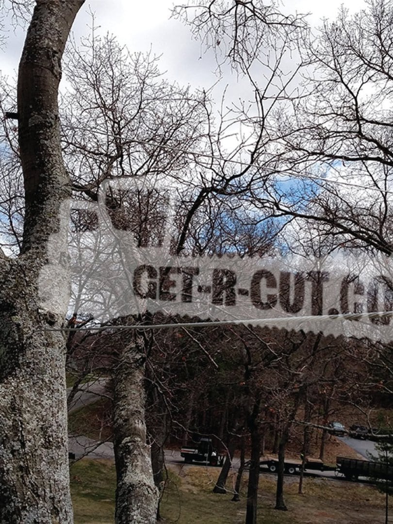 Bare trees and a cloudy sky with a Get-R-Cut.com banner in the foreground.