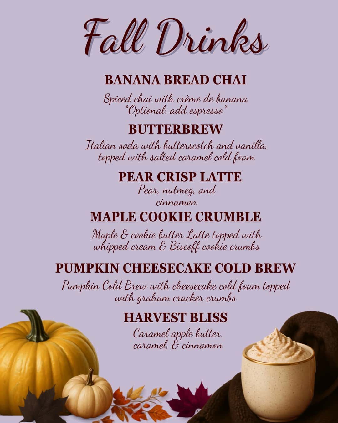 Summer drink menu featuring coconut, pineapple, and berry beverages with decorative blue stripes.