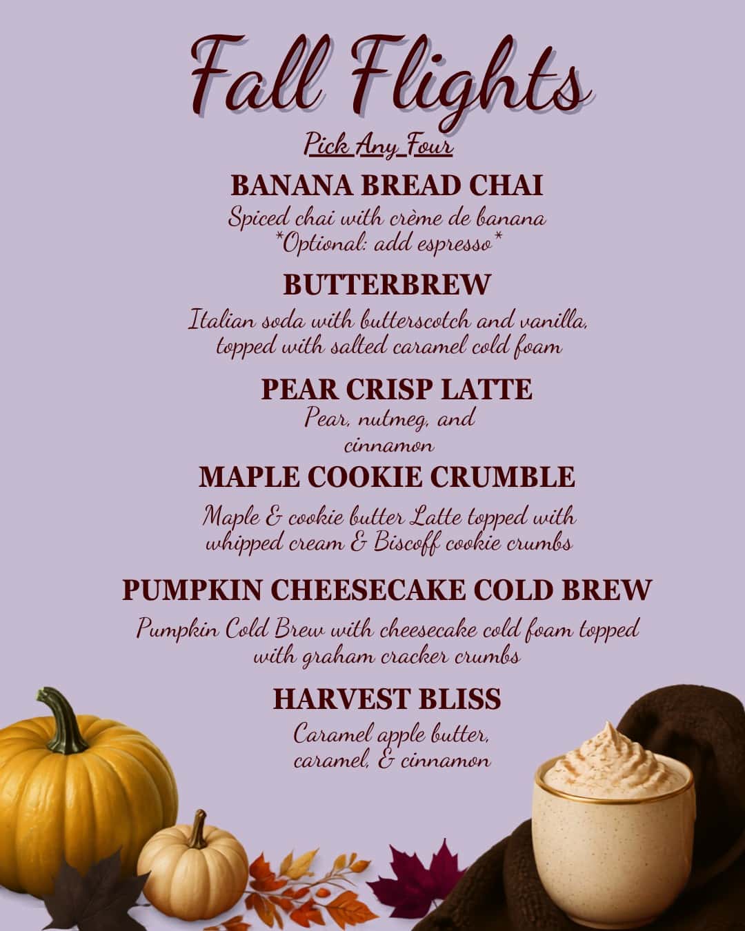 Summer drink menu featuring tropical and coffee beverages at Serendipity & The Brew.
