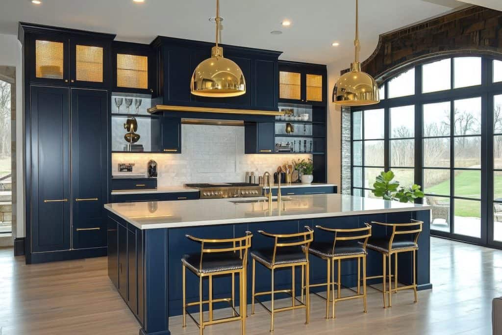 Elegant navy blue kitchen with gold fixtures and spacious island.