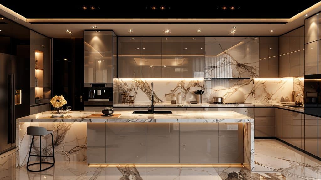 Elegant marble kitchen countertops with sleek design and modern cabinetry.