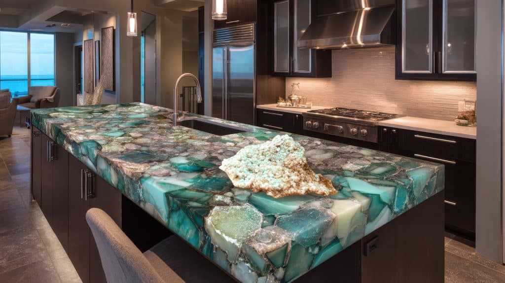 Turquoise and teal stone countertop with natural patterns in modern kitchen design.