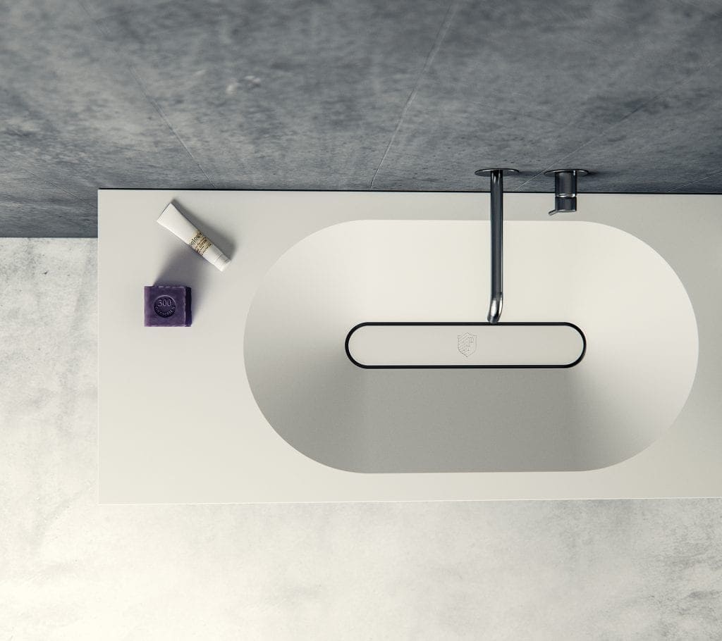 Elegant black faucet over a white oval sink with clean lines.