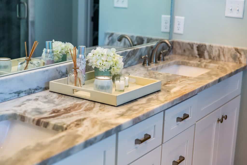 Marble countertop with elegant design in a modern kitchen setting.