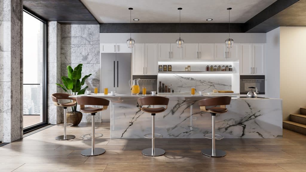 Elegant marble kitchen island with bar stools in modern home.