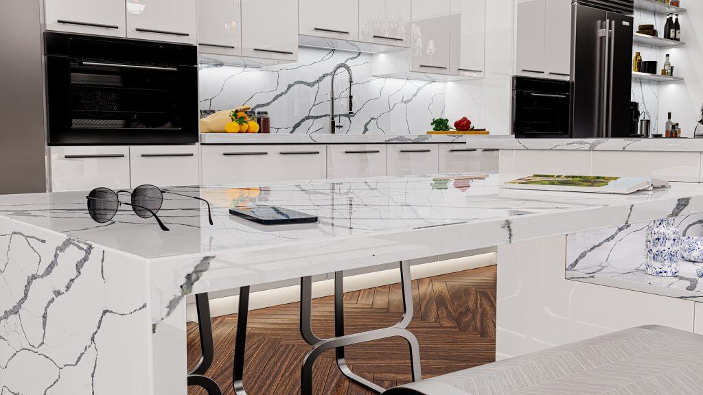 Modern white marble kitchen countertop with sleek design and elegant finish.