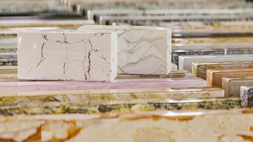 Marble countertop slabs in various colors and patterns for kitchen and bathroom renovation.