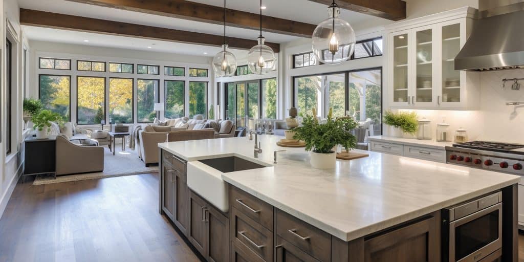 Beautiful modern kitchen featuring granite countertops and abundant natural light.