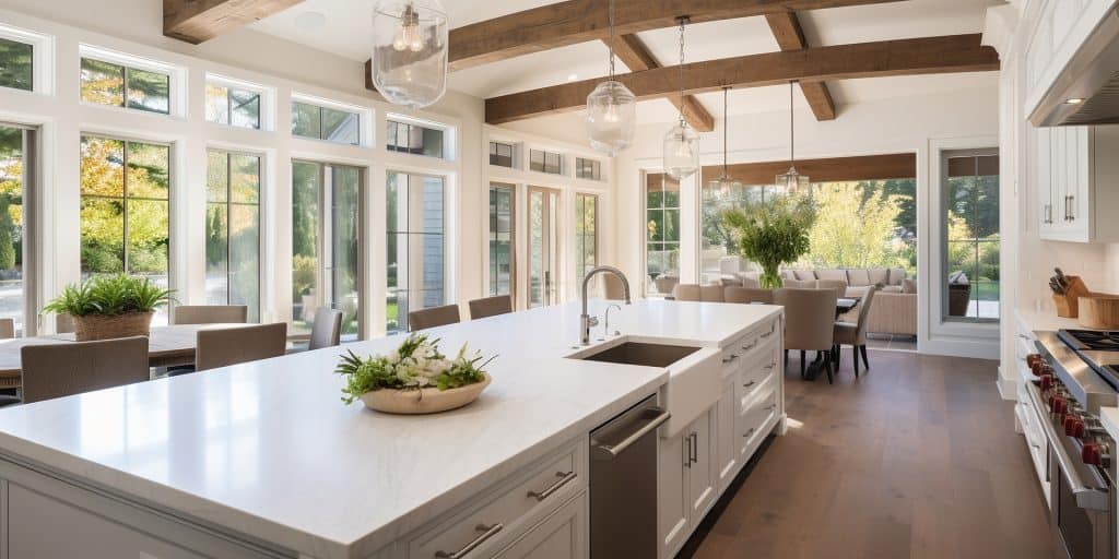Modern white kitchen with large windows and natural sunlight, showcasing granite countertops and woo.