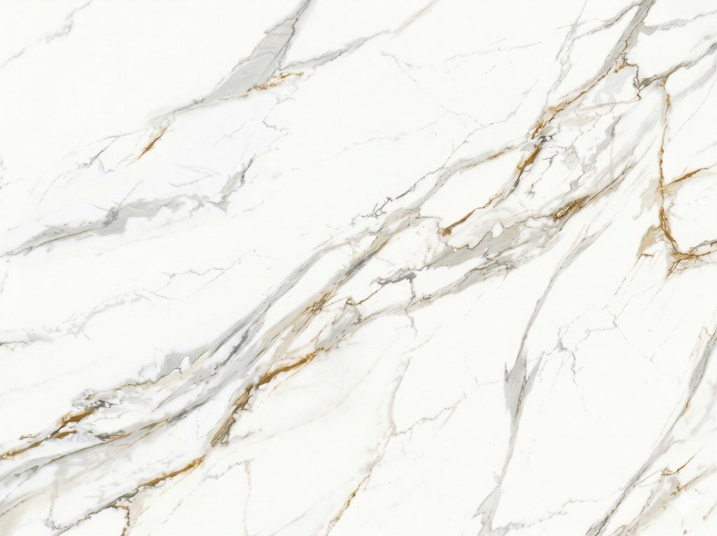 Elegant Calacatta Lapiza marble with white background and gold veining.