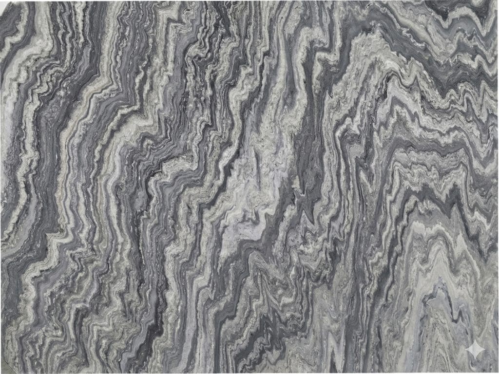 Frost Grey quartz countertop with intricate swirling patterns.