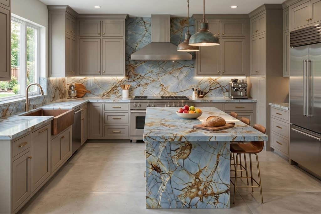 Modern kitchen with blue marble countertops and backsplash.