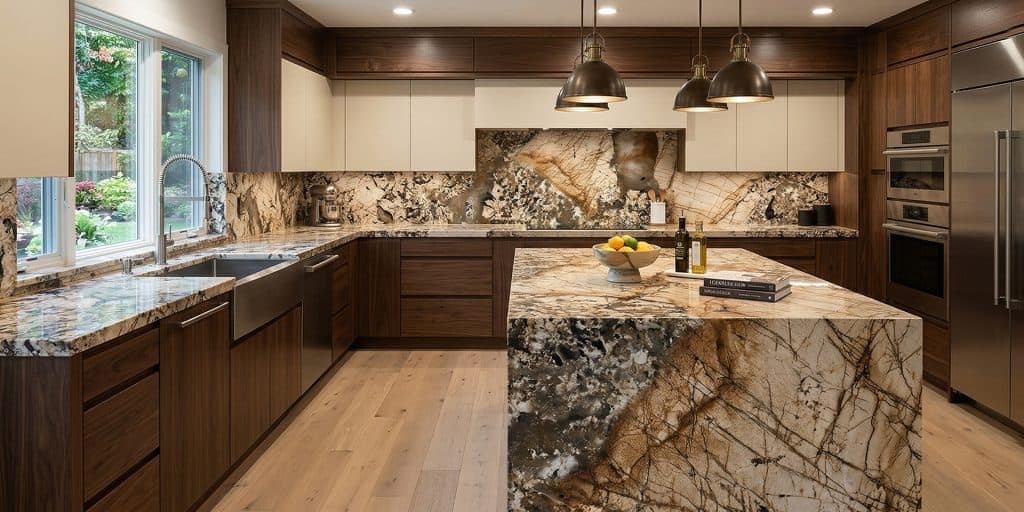 Modern kitchen with granite countertops and wooden cabinets.