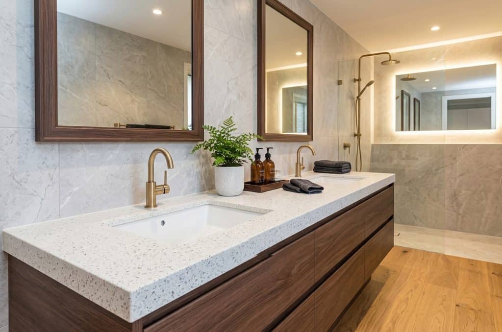 Quartz bathroom vanity with double sinks, wooden cabinetry, and large mirrors for a sleek, durable,.