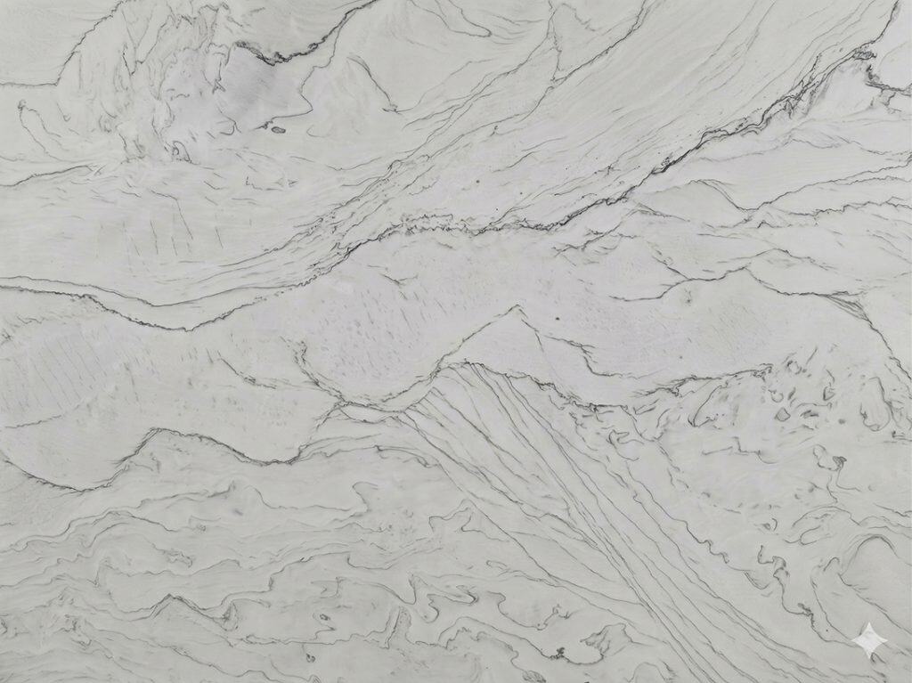 Elegant Mustang White marble surface with natural veining for countertops.