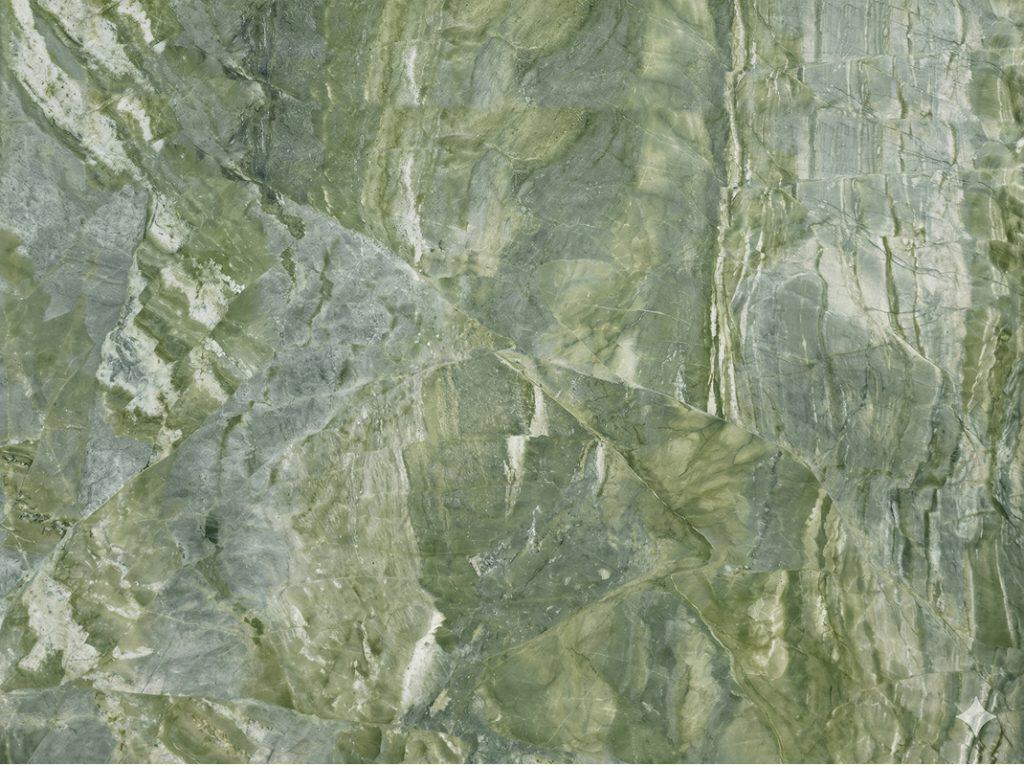 Close-up of Tempest Green quartzite with natural green and gray veining.