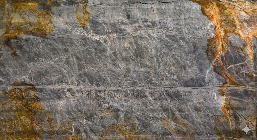 Beautiful Tempest Blue quartzite countertop with striking gray and gold veining.