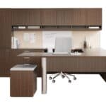 Office desk with storage cabinets, chair, and accessories in a professional workspace.