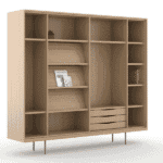Contemporary wooden office storage with shelves and drawers for organization.