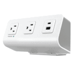 White power strip with three outlets and protective covers.