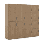 Large wooden office storage cabinet with multiple compartments and doors.