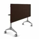 Foldable office table with dark wood finish and caster wheels.