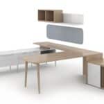 Contemporary office furniture with desks, cabinets, and wall storage units.