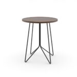 Contemporary round side table with wooden top and black metal legs.