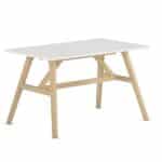 Contemporary office desk with white top and wooden legs.