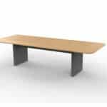 Wooden conference table with gray legs for office meetings.