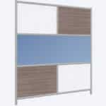 Office partition wall with wood and glass panels in a modern design.