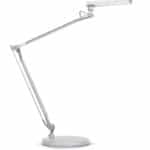 White adjustable desk lamp with LED light for workspace illumination.