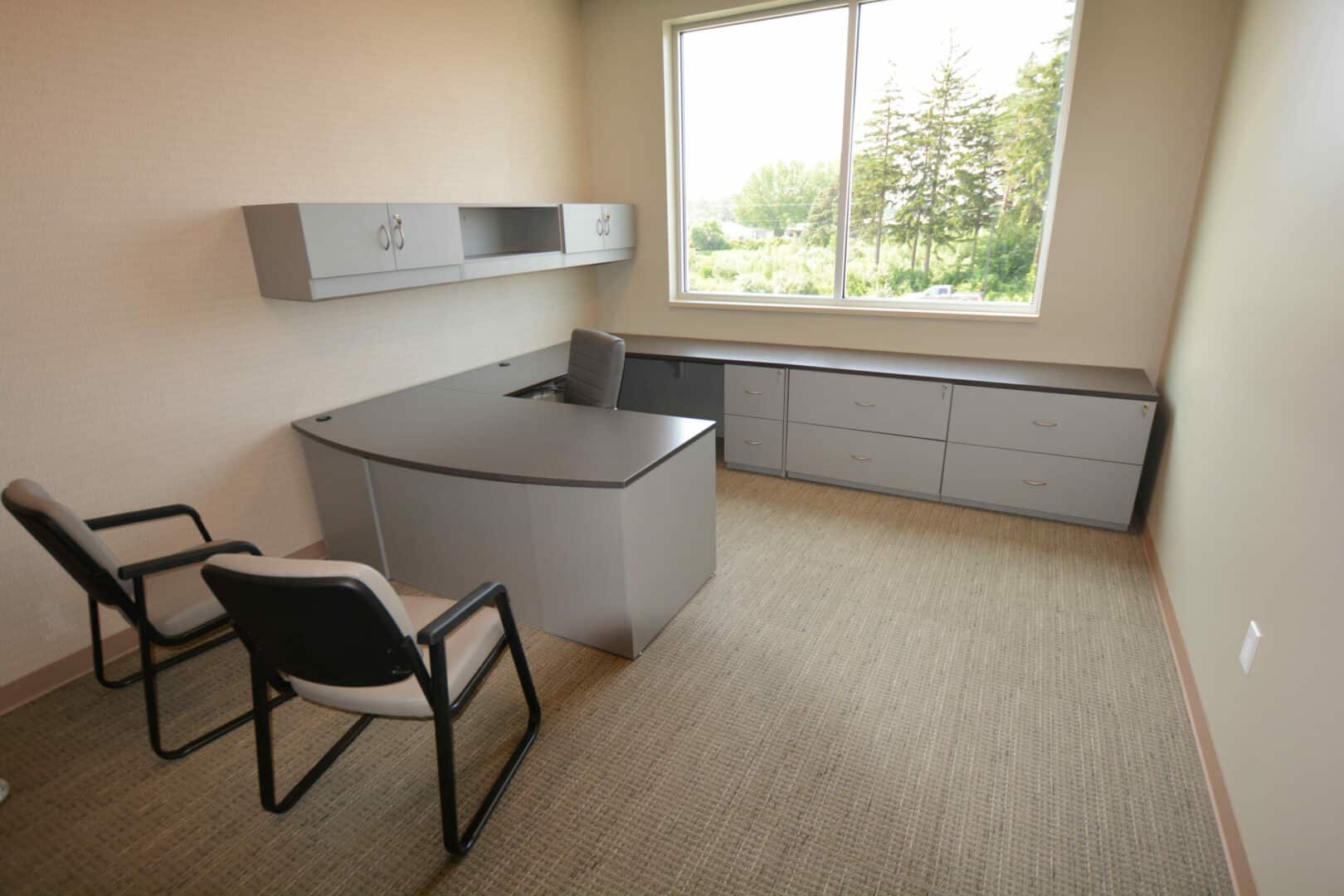 Office room with desk, chairs, and large window overlooking trees.