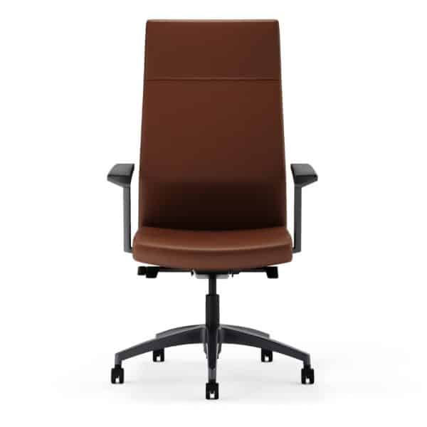 Brown ergonomic office chair with adjustable height and armrests.