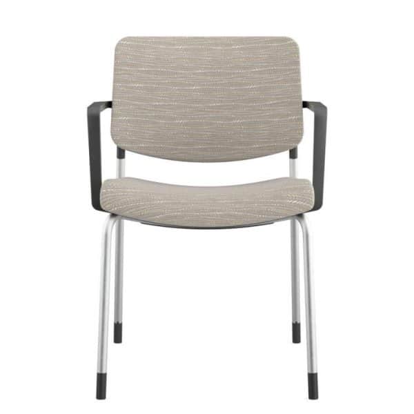 Modern beige guest chair with black armrests and metal legs.