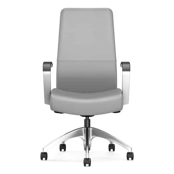 Grey ergonomic office chair with armrests and adjustable height.