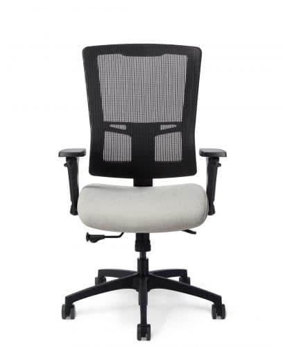 Black mesh ergonomic office chair with adjustable armrests and cushioned seat.