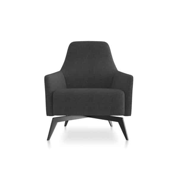 Contemporary black armchair with angled wooden legs for office or lounge.