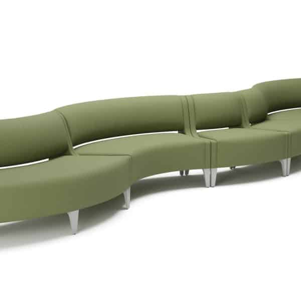 Long green office sofa with curved design and metal legs.