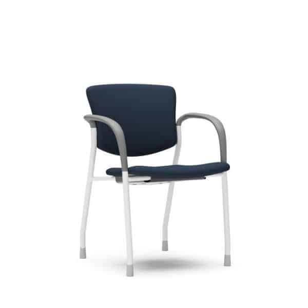 Blue and black office chair with metal armrests and legs.
